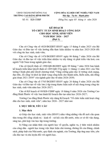 Kế hoạch tổ chức tuần sinh hoạt công dân cho học sinh, sinh viên đợt 1 năm 2026-2027