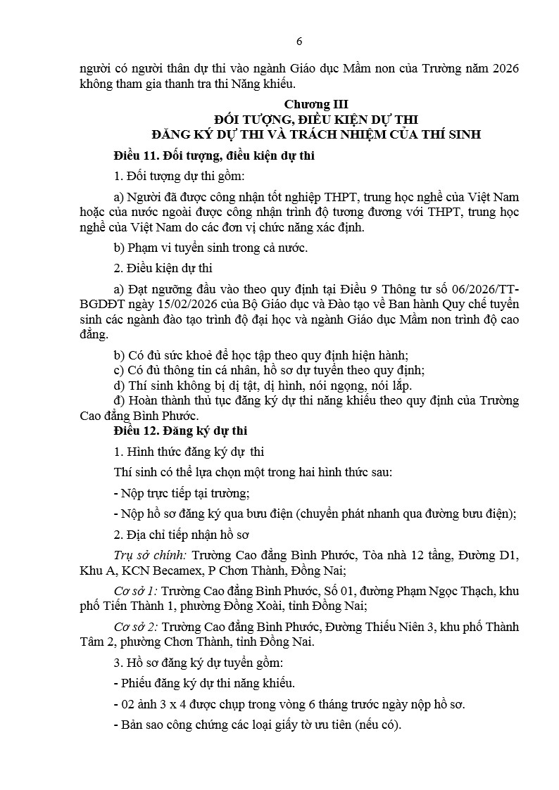 QĐ 106 QC thi năng khiếu GDMN 6