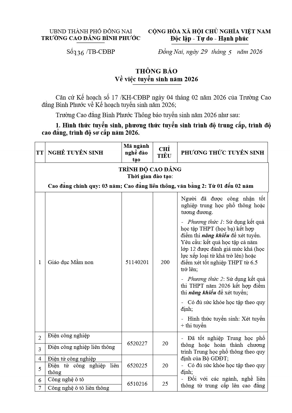 TB 136 TB tuyển sinh điều chỉnh 29 5 001
