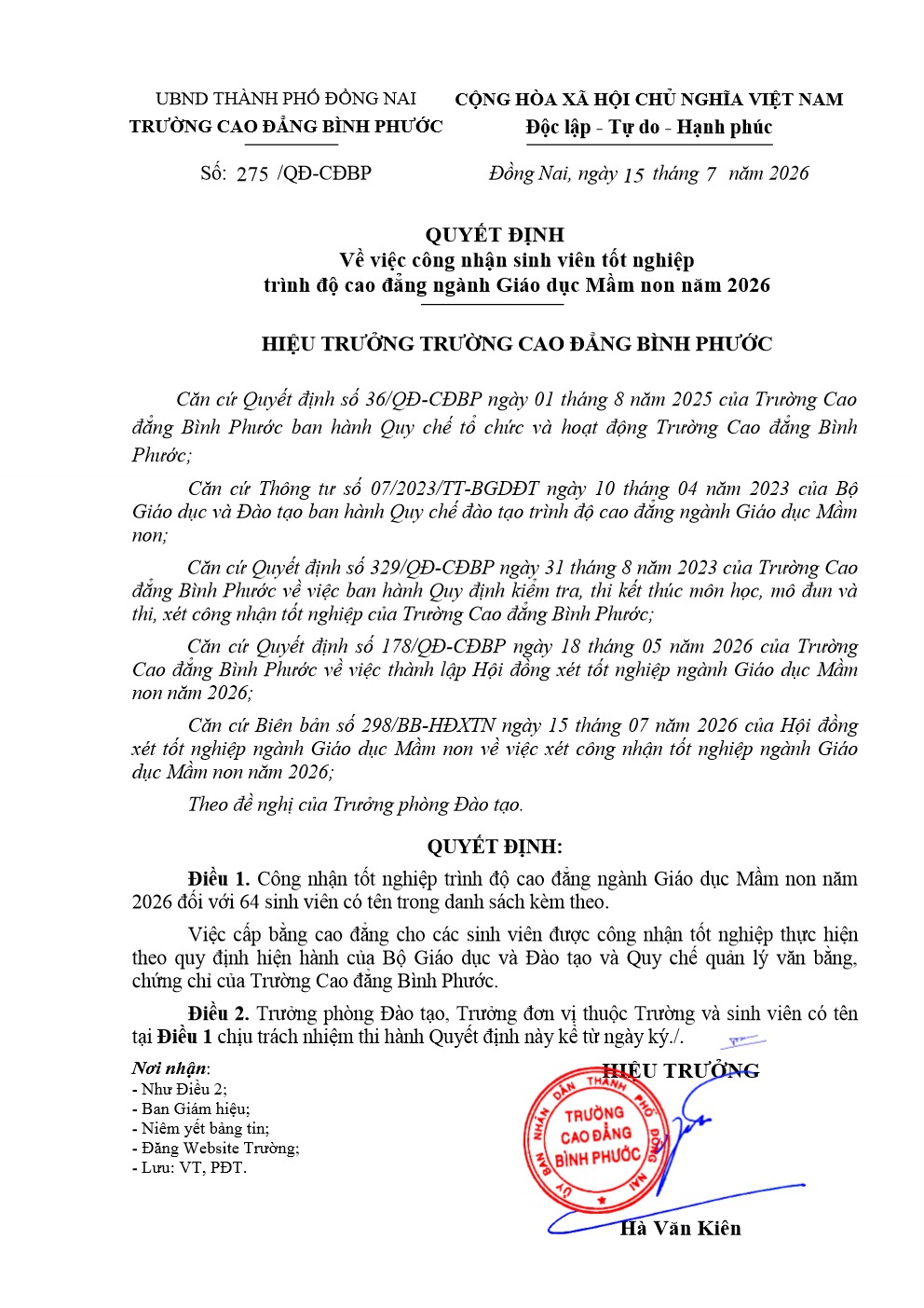 QĐ 275 công nhận TNMN 001