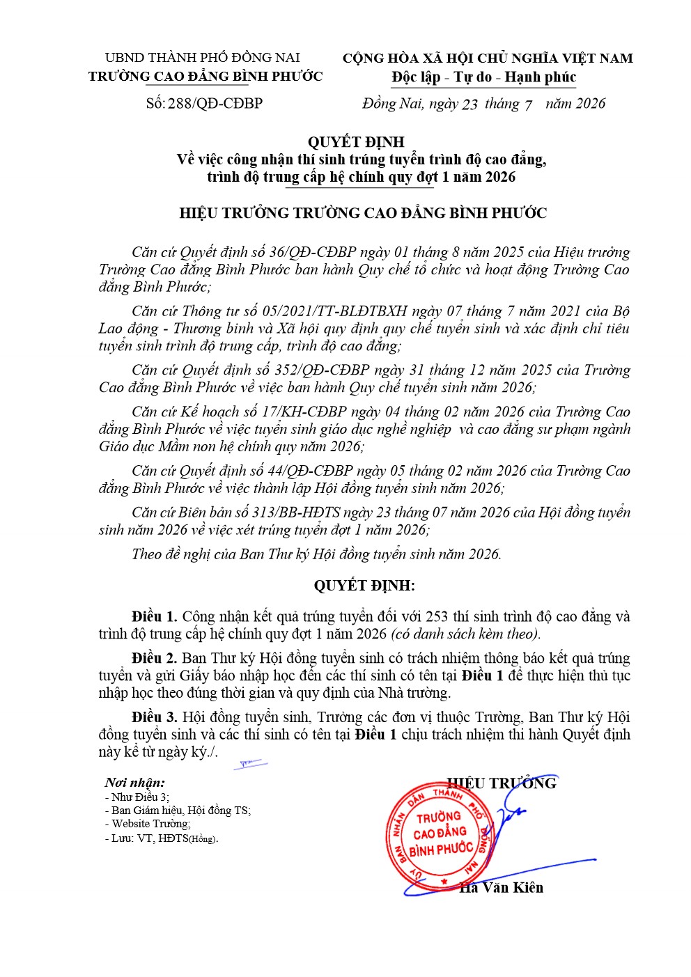 QĐ 288 công nhận thí sinh trúng tuyển đợt 1 2026 001