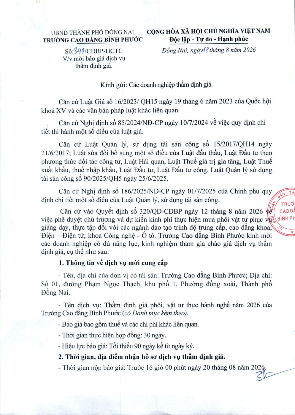 CV 340 thông báo mời thẩm định giá 18 8 001