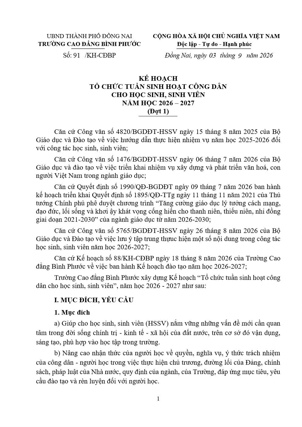 Kế hoạch tổ chức tuần sinh hoạt công dân cho học sinh, sinh viên đợt 1 năm 2026-2027