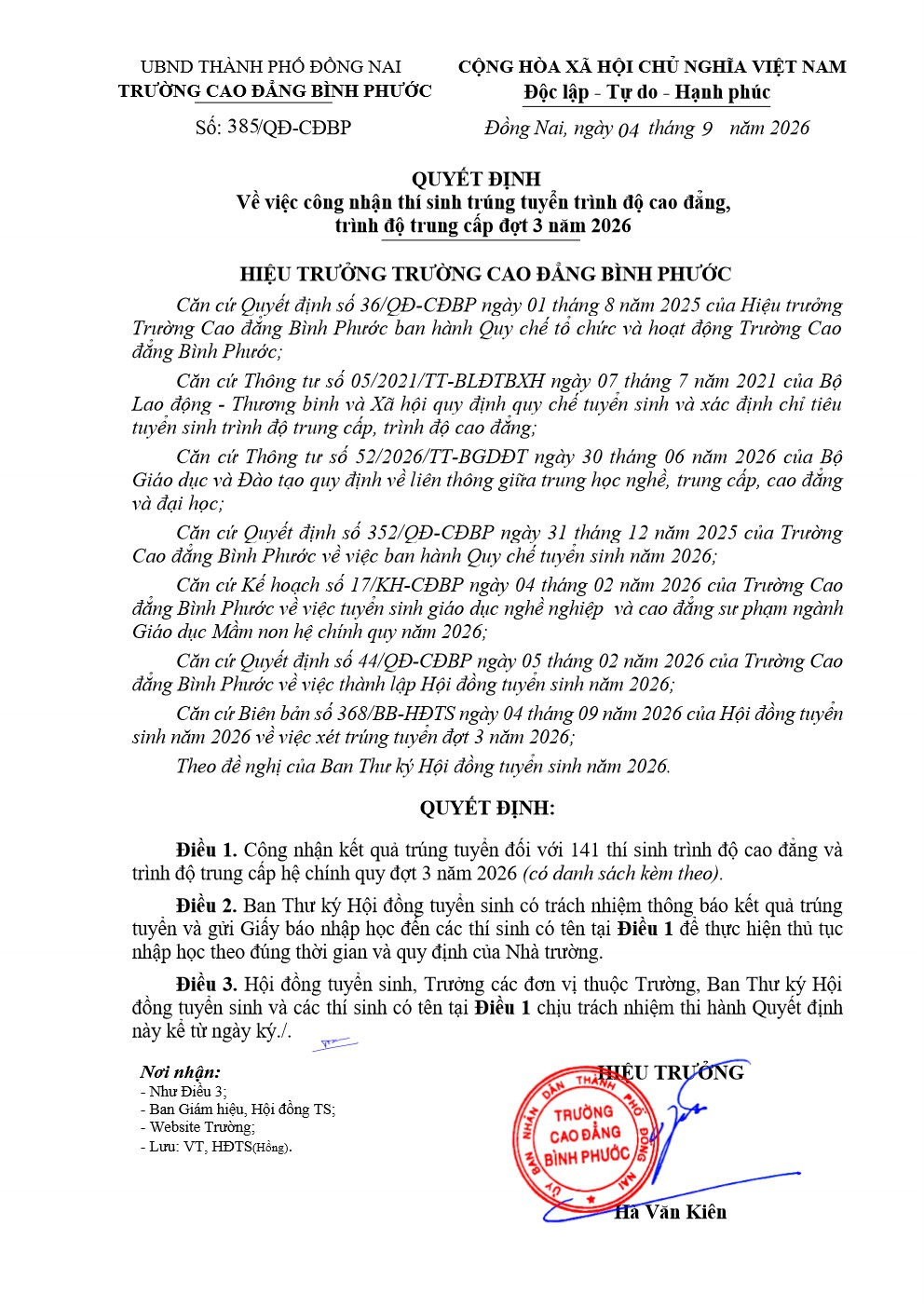 QĐ 385 công nhận thí sinh trúng tuyển đợt 3 001