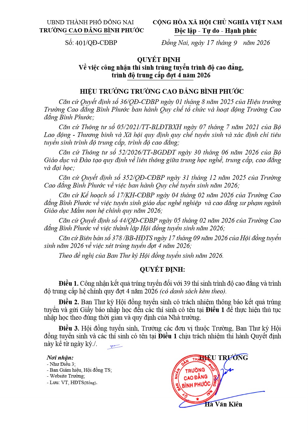QĐ 401 công nhận thí sinh trúng tuyển đợt 4 17 9 001