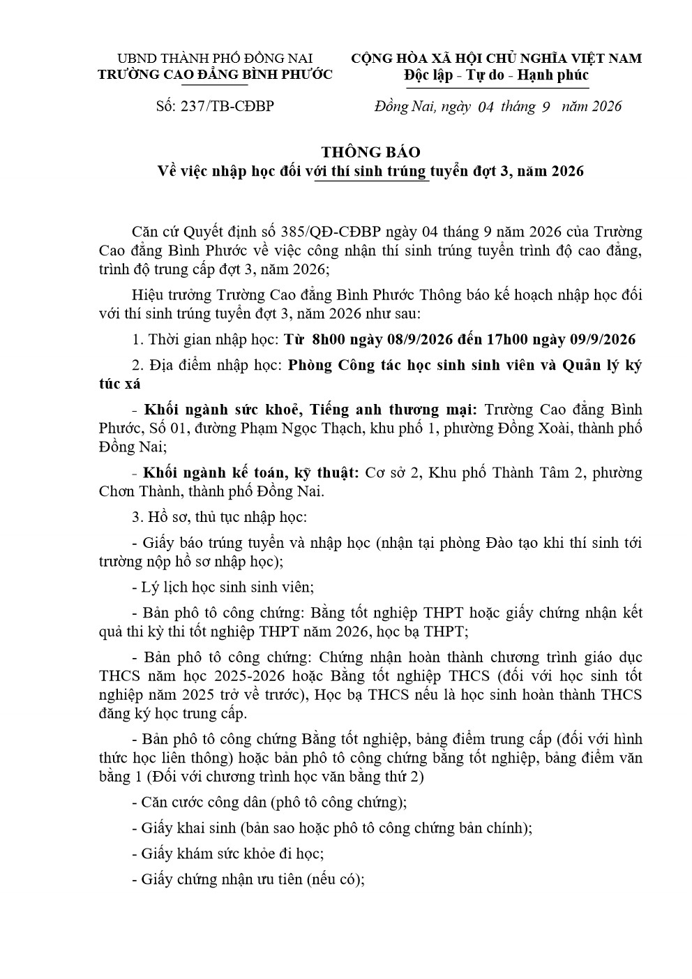 TB 237 nhập học đối với thí sinh trúng tuyển đợt 3 2026 001