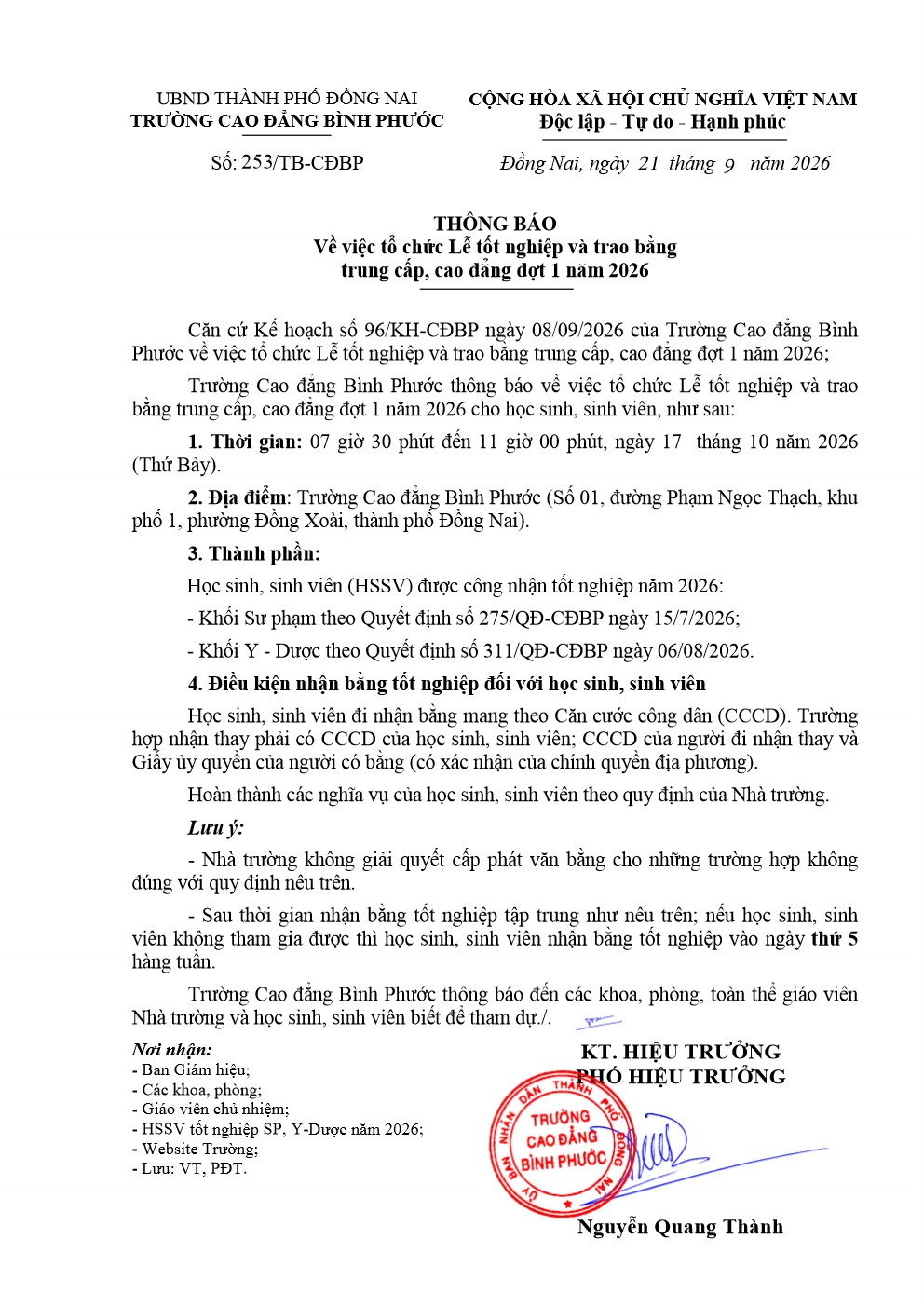 TB 253 lễ trao bằng TN đợt 1 năm 2026 001