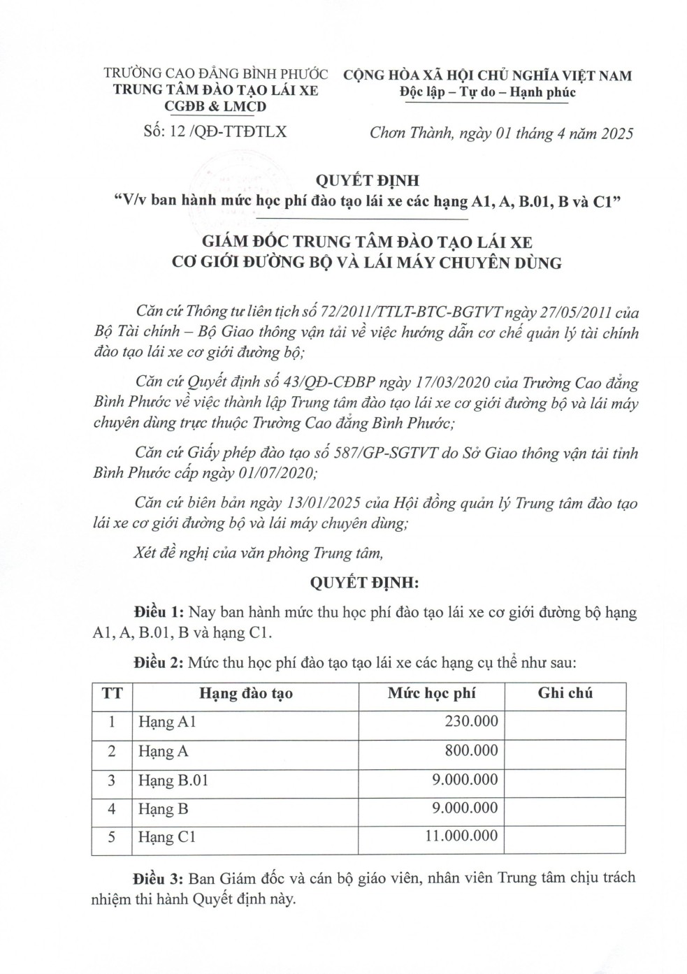 QUYET DINH BAN HANH MUC HOC PHI DAO TAO LAI XE CAC HANG 001