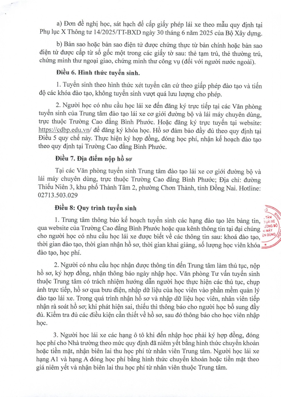 QUYET DINH BAN HANH QUY CHE TUYEN SINH DAO TAO LAI XE 003